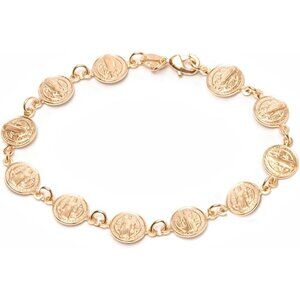 Gold Plated Religious Bracelet with Saint Benedict Coins 7.5 Inches for Women